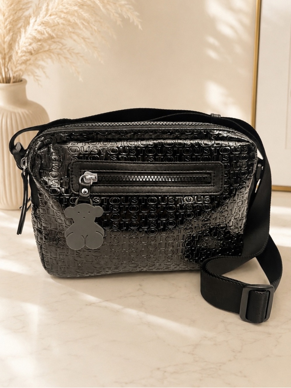 Authentic TOUS Centenary Black Logo Double Zip Crossbody Bag EUC Bear Pull